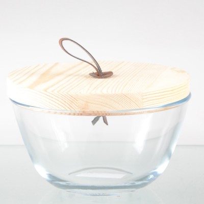 large clear glass footed salad bowl with wood lid