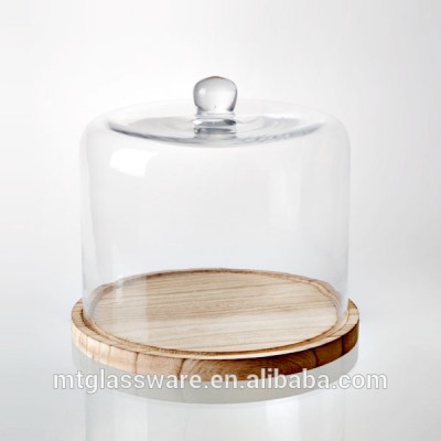 Clear Glass Bell Jar, Glass Cake Dome with Wooden Tray